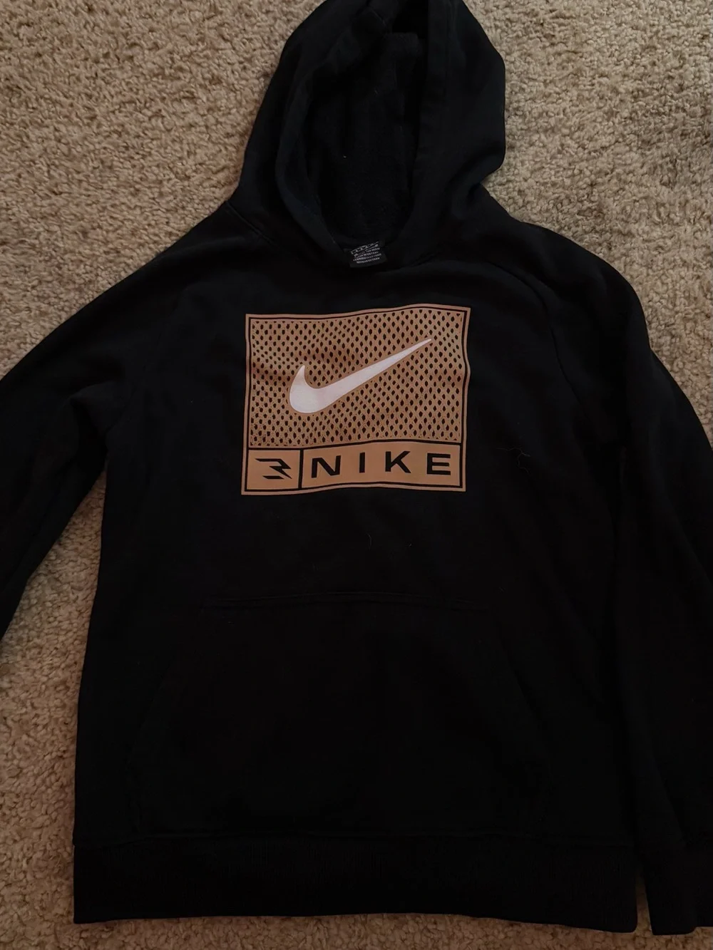 Nike Kids Youth Black Crewneck Hoodie with Tan Logo Panel